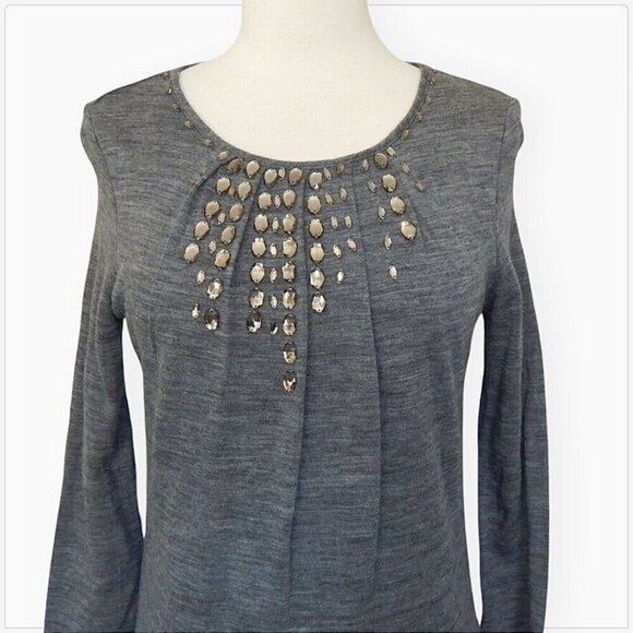 Joie Terri Heather Gray Stretch Knit Jewel Rhinestone Trim Sweater Wool Dress S - Picture 2 of 4